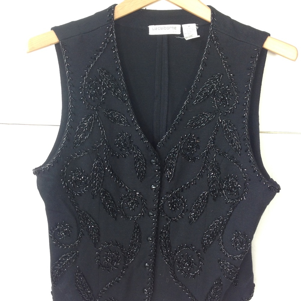 Liz Claiborne Black Beaded Vest Black Sweater Top